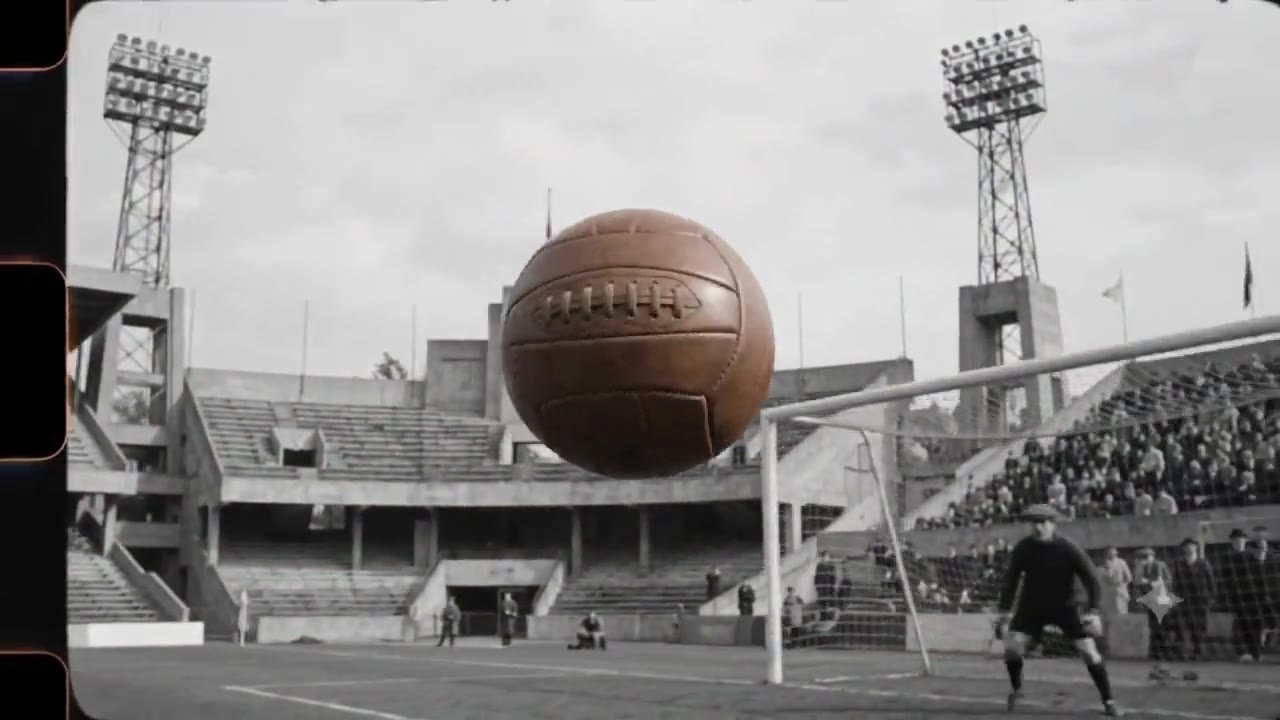 Un balón golpeado en un estadio moderno se convierte en un balón de cuero que vuela hacia la portería de un campo de los años cincuenta.